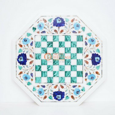 Marble White Top Chess Indoor Game With Wooden Stand Malachite Inlaid Stone Arts