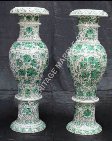 White Handicraft Marble Flower Vase Malachite Collectible Floral Art Decor E1397
