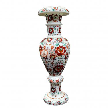 White Marble Handmade Flower Organizer Vase Multi Stone Floral Arts Living Decor
