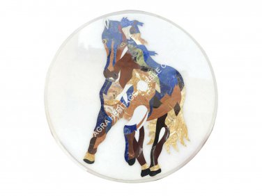 18" White Marble Small Coffee Table Top Horse Inlay Art Bedroom Side Decor E1512