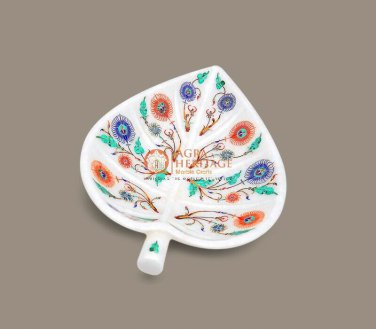 Marble White Leaf Shape Fruit Storage Bowl Inlay Semi Precious Floral Design Art