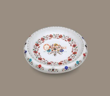 White Marble Fruit Storage Bowl Stone Inlay Floral Art Table Decor Handmade Gift