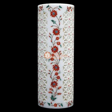 Marble White Collectible Flower Storage Vase Carnelian Marquetry Floral Art Deco
