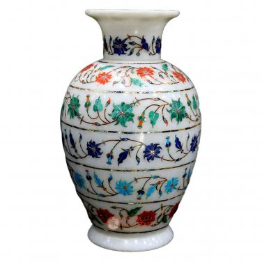 Marble White Top Decorative Flower Lidded Vase Carnelian Marquetry Floral Decor
