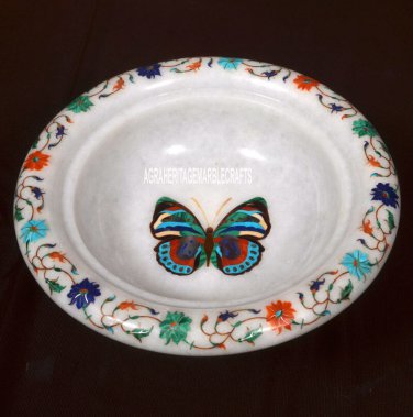 8" Marble Inlay Decorative Bowl Multi Floral Butterfly Art Christmas Gift H3678