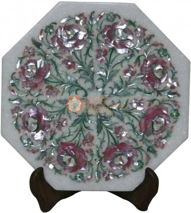 9"x9" White Handmade Wall Decor Tile Inlay Rose Quartz Floral Marquetry Art Deco