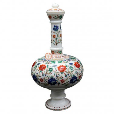 Marble White Handmade Flower Lidded Vase Lapis Peacock Inlaid semi Precious Arts