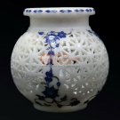 Marble White Handmade Flower Holder Vase Lapis Inlaid Lattice Floral Arts Decor