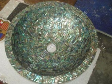 15" Exclusive Marble Round Sink Pauashell Inlay Random Stone Kitchen Decor E297