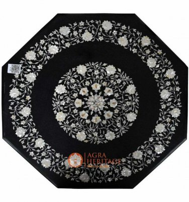 Black Marble 25" Coffee Table Top Mother of Pearl Precious Inlay Floral E1648
