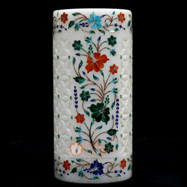 Handmade White Marble Flower Pot Inlaid Multi Stone Mosaic Floral Art Piece Deco