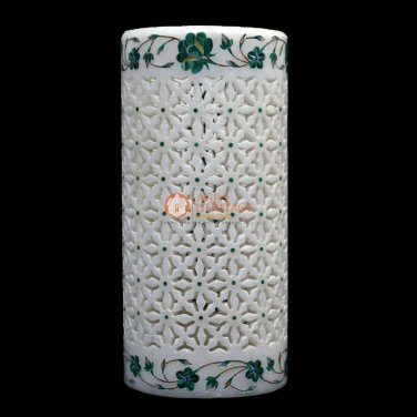 White Italian Marble Flower Pot Filigree Inlaid Malachite Floral Art Living Deco