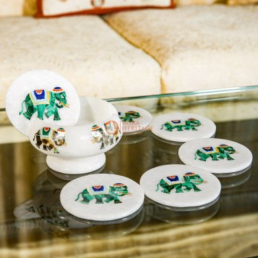 Marble White Teapot Coaster Set Malachite Inlay Stone Elephant Art Dining Decor
