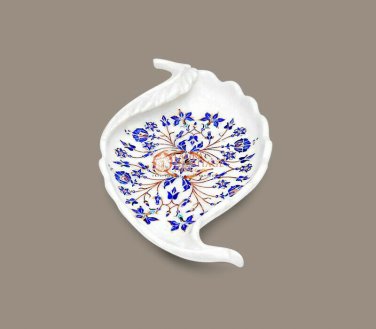 White Marble Handmade Centerpiece Fruit Bowl Lapis Inlaid Art Dining Table Decor