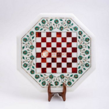 White Marble Chess Inlaid Set with Wooden Stand Multi Stone Mosaic Arts Gift Her