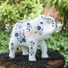 White Marble Salute Pose Elephant Statue Lapis Inlaid Marquetry Floral Design White Marble Salute Pose Elephant Statue Lapis Inlaid Marquetry Floral Design