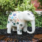 Marble White Salute Pose Elephant Statue Lapis Inlaid Marquetry Floral Art Decor