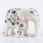 Marble White Salute Pose Elephant Statue Lapis Inlaid Marquetry Floral Art Decor