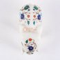 Marble White Salute Pose Elephant Statue Lapis Inlaid Marquetry Floral Art Decor