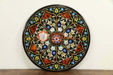 27" Marble Round Coffee Table Top Lapis Lazuli Carnelian Turquoise Inlay E1669