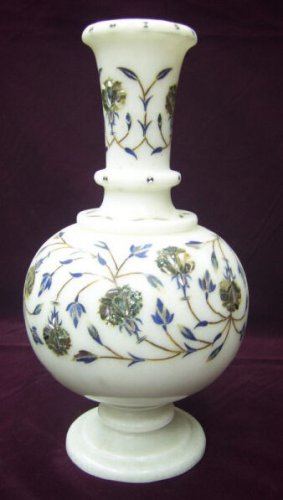10" White Marble Flower Vase Jar Pauashell Lapis Pietradura Inlay Decor Gift