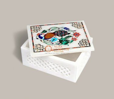 White Marble Handmade Jewelry Storage Box Peacock Semi Precious Inlay Arts Decor