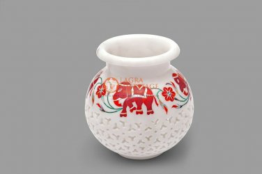 Marble White Handmade Flower Arrangement Vase Carnelian Elephant Design Decor