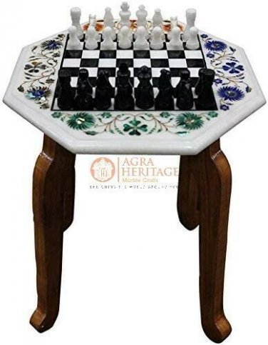 Chess Set White Marble Handmade Chess Set With Chess Pieces Multi Stone Art Deco