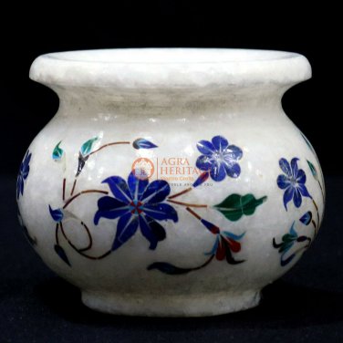 Marble Flower Storage Vase Handmade Lapis inlaid Pietradura Floral Design Decor