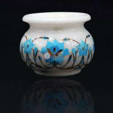 Marble White Flower Storage Vase Turquoise Inlaid Marquetry Floral Design Decor