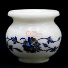 White Marble Pot Inlaid with Semi Precious Stones Hand Crafted Decorative Vase