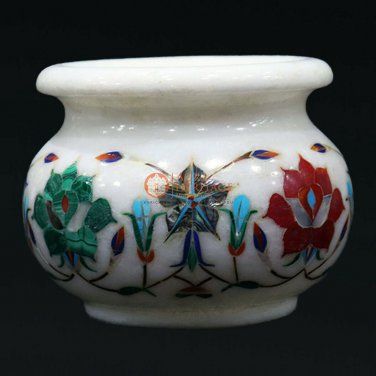 6" Inche White Marble Inlay Stone Vase Pietra Dura Art Floral Design Pot for Her