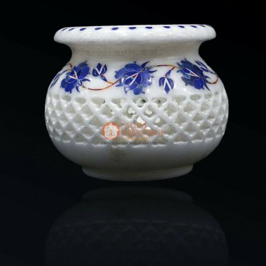 Marble Decorative Flower Vase with Inlay Work Flower Pot Semi Precious Stone Art