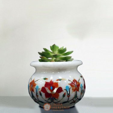 White Marble Decorative Pot Semi Precious Stones Inlaid Flower Vase for Gift Him