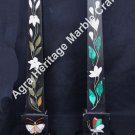 12" Pair of Black Marble Obelisks Pietra Dura Inlaid Marquetry Floral Arts