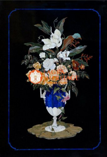 Marble Black Center Panel Table Top Beautiful Flower Vase Handicraft Decor E1609
