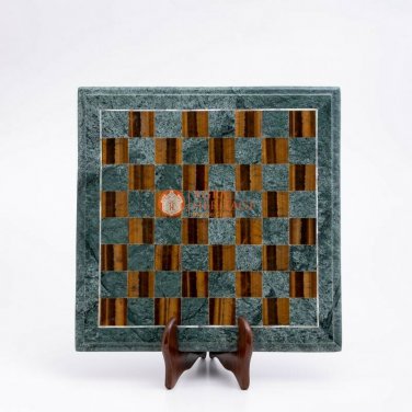 Green Marble Handmade Chess Set Table Top Inlaid Tiger Eye Mosaic Design Decor