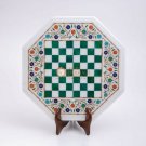 Marble White Handmade Chess Set Table With Wooden Stand Malachite Inlaid Decor Marble White Handmade Chess Set Table With Wooden Stand Malachite Inlaid Decor