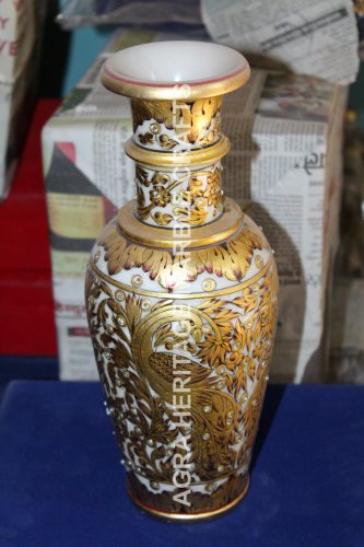 14" Golden Peacock Hand Painted Design Marble Flower Pot Occasional Decor H5736
