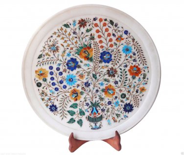 Indian White Makrana Marble Serving Plate Multi Handicraft Inlay Floral Decor