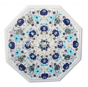 24" Marble Corner Table Top Lapis Lazuli Turquoise Pauashell Inlay Decor H1412