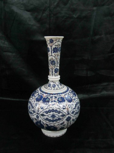 15'' Lapis Gems Marble Flower Pot Inlay Marquetry Decor Thanks Giving Gift H3756