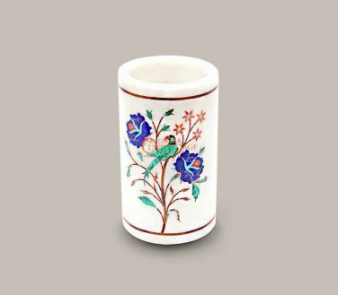 White Marble Pen Organizer Holder Lapis Inlaid Parrot Floral Art Table Decor