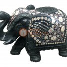 Black Marble Trunk Up Standing Elephant Statue Precious Inlay Gift Decor E880