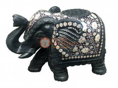 Black Marble Trunk Up Standing Elephant Statue Precious Inlay Gift Decor E880