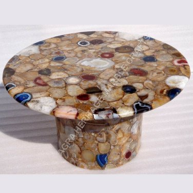30" Marble Agate Coffee Table Top With Stand Handmade Inlay Stone Decor E1339