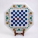 White Marble Top Chess Set Table Lapis Inlaid Marquetry Floral Design Gift Decor