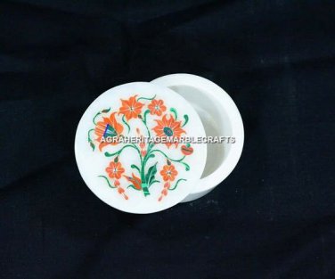 2&acirc;��x2" White Marble Small Jewelry Box Carnelian Malachite Inlay Floral Arts H5465