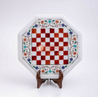 White Marble Top Chess Set Table Top Carnelian Mosaic Inlaid Arts Indoor Game