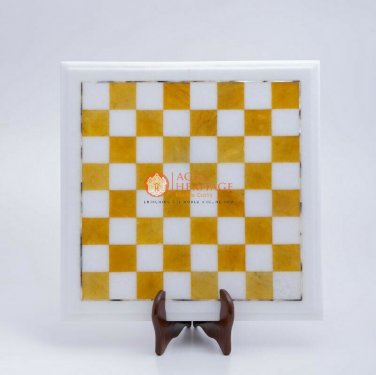 White Marble Handmade Top Chess Set Mosaic Yellow Inlay Art Play Room Decor Gift